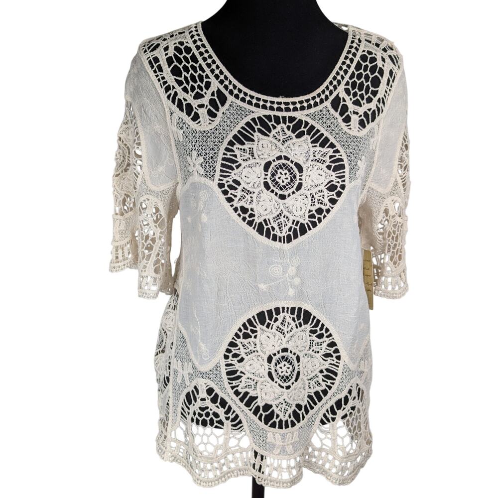 energie wmns crochet Top Sz S 100% cotton Bust 39"L 25"SL 13" cream color NWT